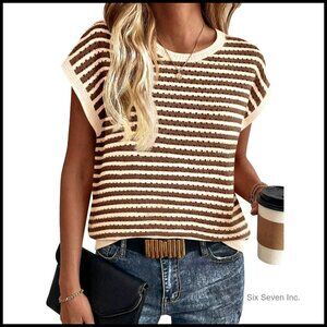 Striped Crochet Sweater Summer Boho Casual Crewneck Knit Top Cap Sleeve